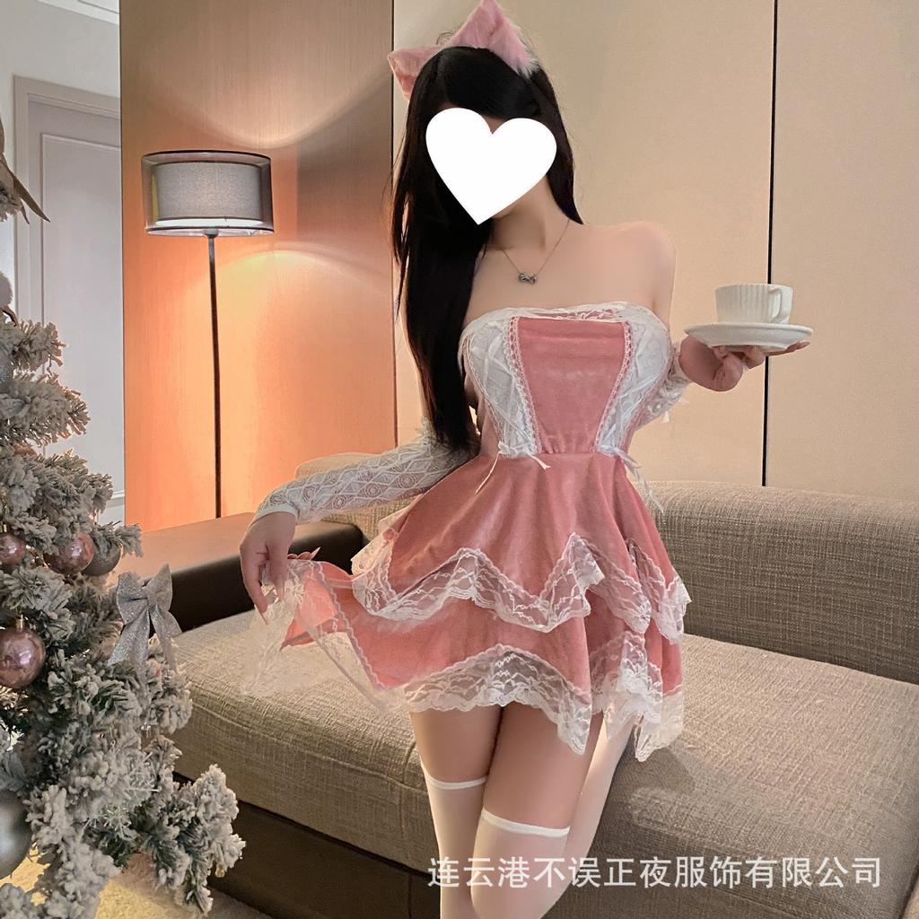 Pink christmas lingerie pure lust lace nightdress sexy pajamas uniform qqny clothes women