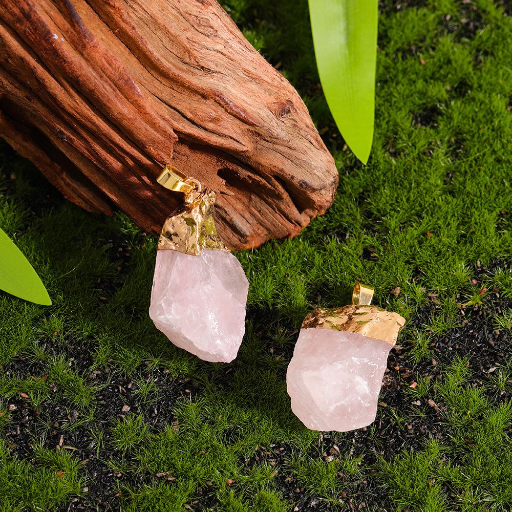 Natural Crystal Stone Irregular Shape Raw Rose Quartz Gold Plated Cap Hanging Ornaments Reiki Healing Gifts