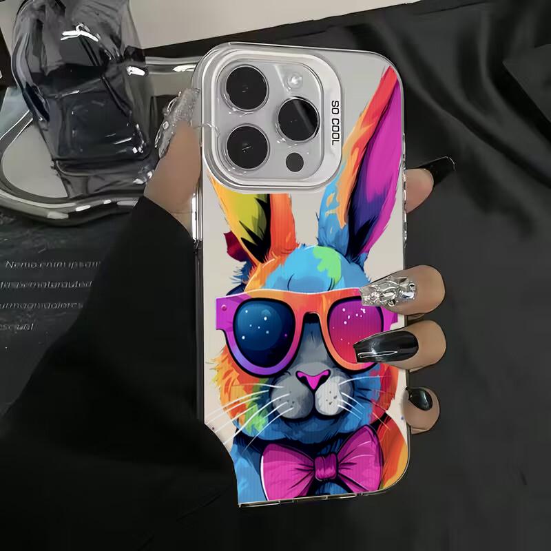 Cute Colorful Rabbit Electroplate Silver IMD Case For iPhone 15 14 16 Pro Max 11 12 13 Pro 7 8 Plus 16E X Shockproof Back Cover