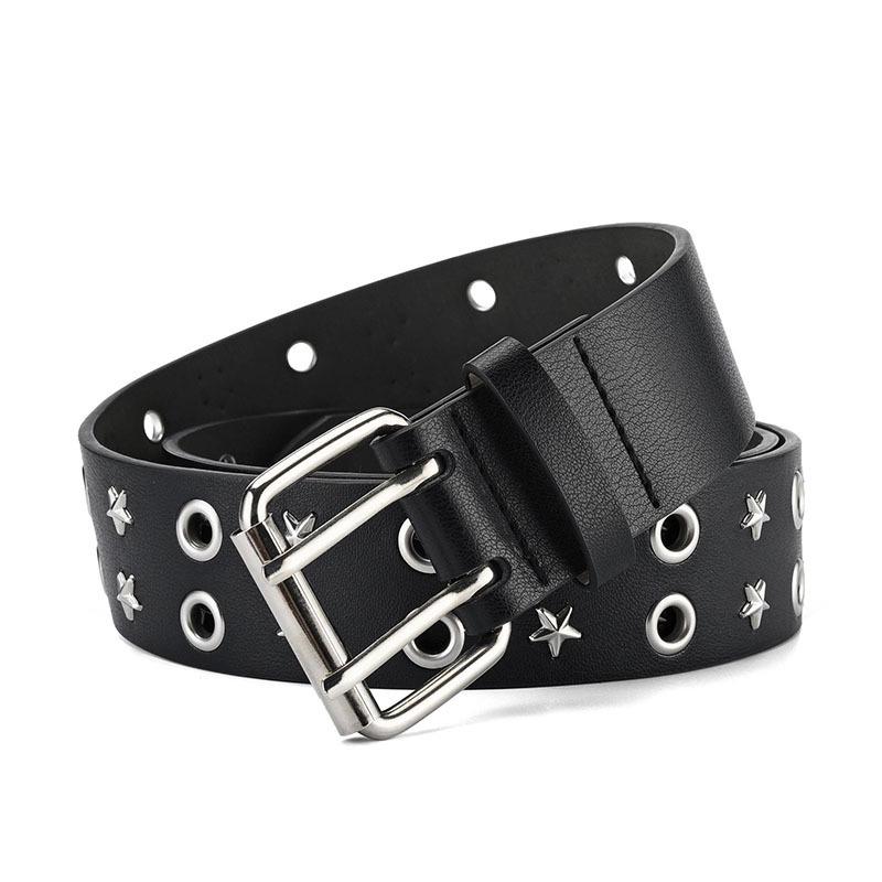 Unisex Star-Studded Hip Hop Punk Leather Belt with Double Holes