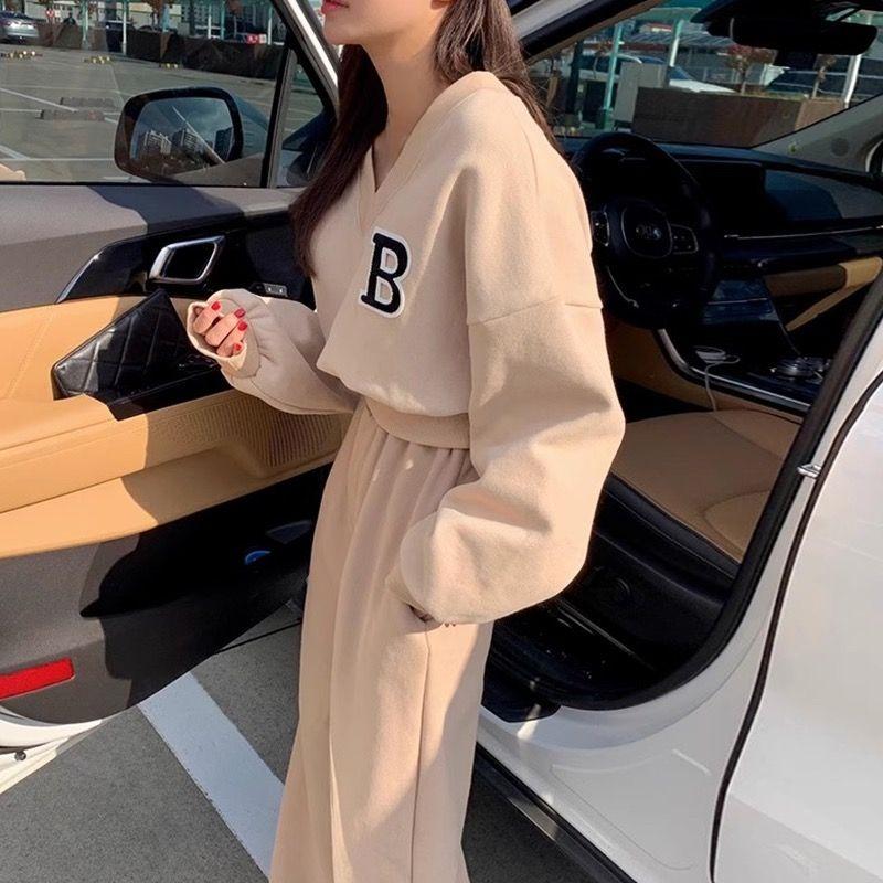 

Корейский шикарный осенне-зимний комплект в стиле «меньшинство ленивых элегантных ретро», кашемировый капюшон с длинными рукавами и широкими брюками с высокой талией XL бежевый