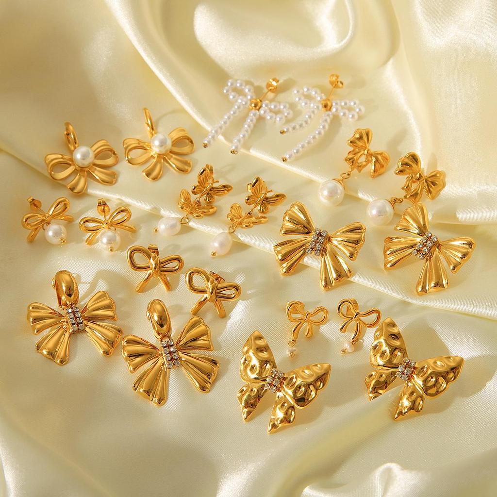 18K Gold French-Style Bow Studs with Titanium Steel, Butterfly, and Pearl Accents