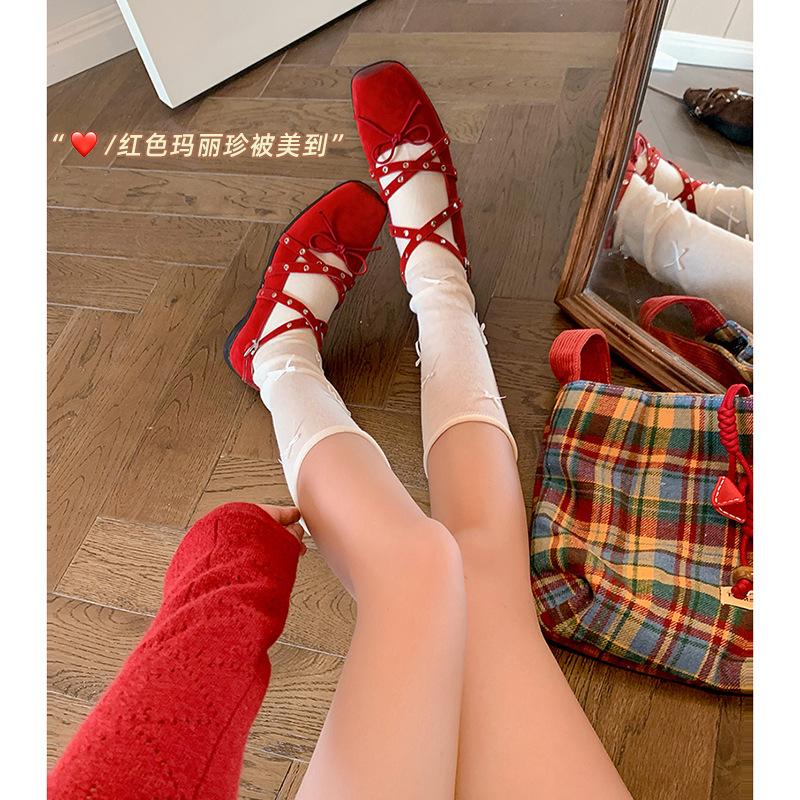 Sheepskin Version~ Crossed Belt Buckle Ballet Shoes for Women 2025 New Red Mary Jane Shoes Bow Single Shoes for Women