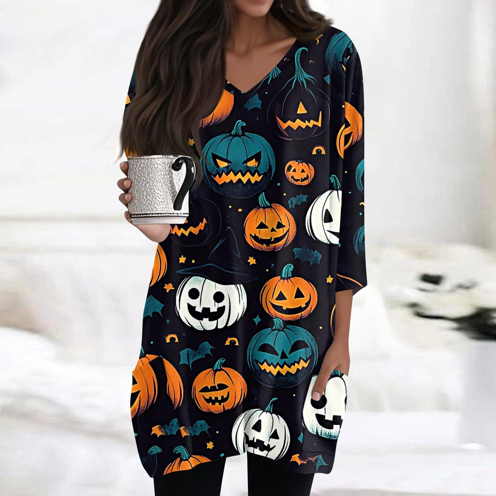 

Женские топы с V-образным вырезом и рукавом 3/4, повседневные блузки средней длины, модные туники с принтом на Хэллоуин и карманами XXL