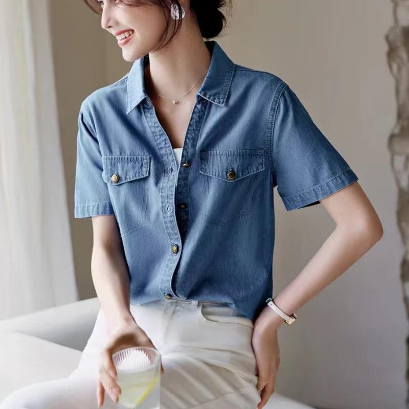 

GMXIA Женская модная повседневная маленькая джинсовая рубашка с v-образным вырезом, летняя удобная повседневная джинсовая рубашка с положительным плечом XL джинсовый синий