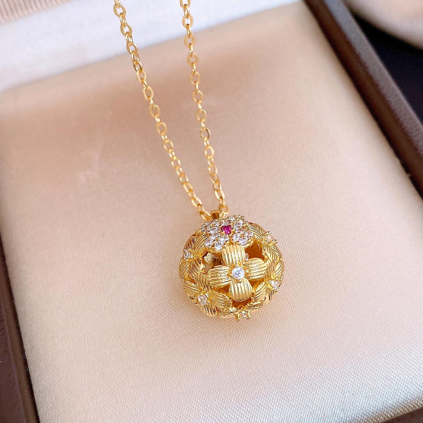 18k real gold electroplated exquisite zircon round hollow flower ball necklace earrings versatile jewelry set