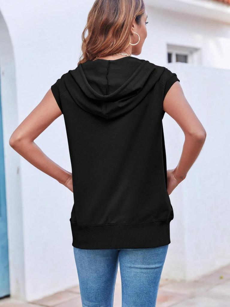 Damen ärmellose Reißverschluss Hoodie Weste locker Kordelzug leichte Jacke mit Taschen