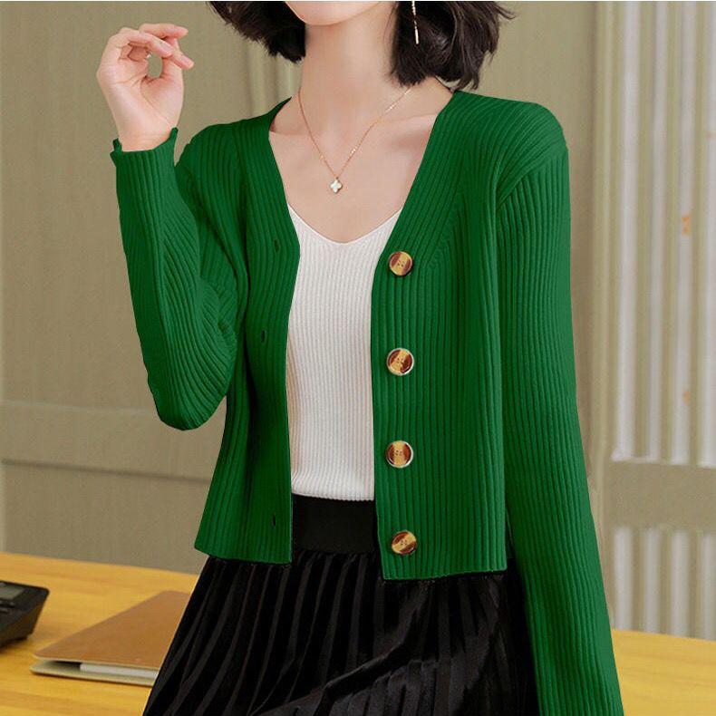 Spring Autumn Women's Short Cardigan Casual Solid Color Slim-fit Knitted Cardigan V-neck Long-sleeve Knitted Top