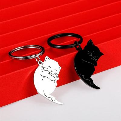 Hug Cat Couple Keychain Stainless Steel Hanging Jewelry Matching Cat Key Ring Patchwork Cute Lovers Keyring Husband Wife