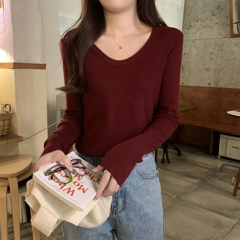 

Collar showing thin collarbone knitted sweater women s autumn soft waxy skin-friendly inner with solid color minimalist top S