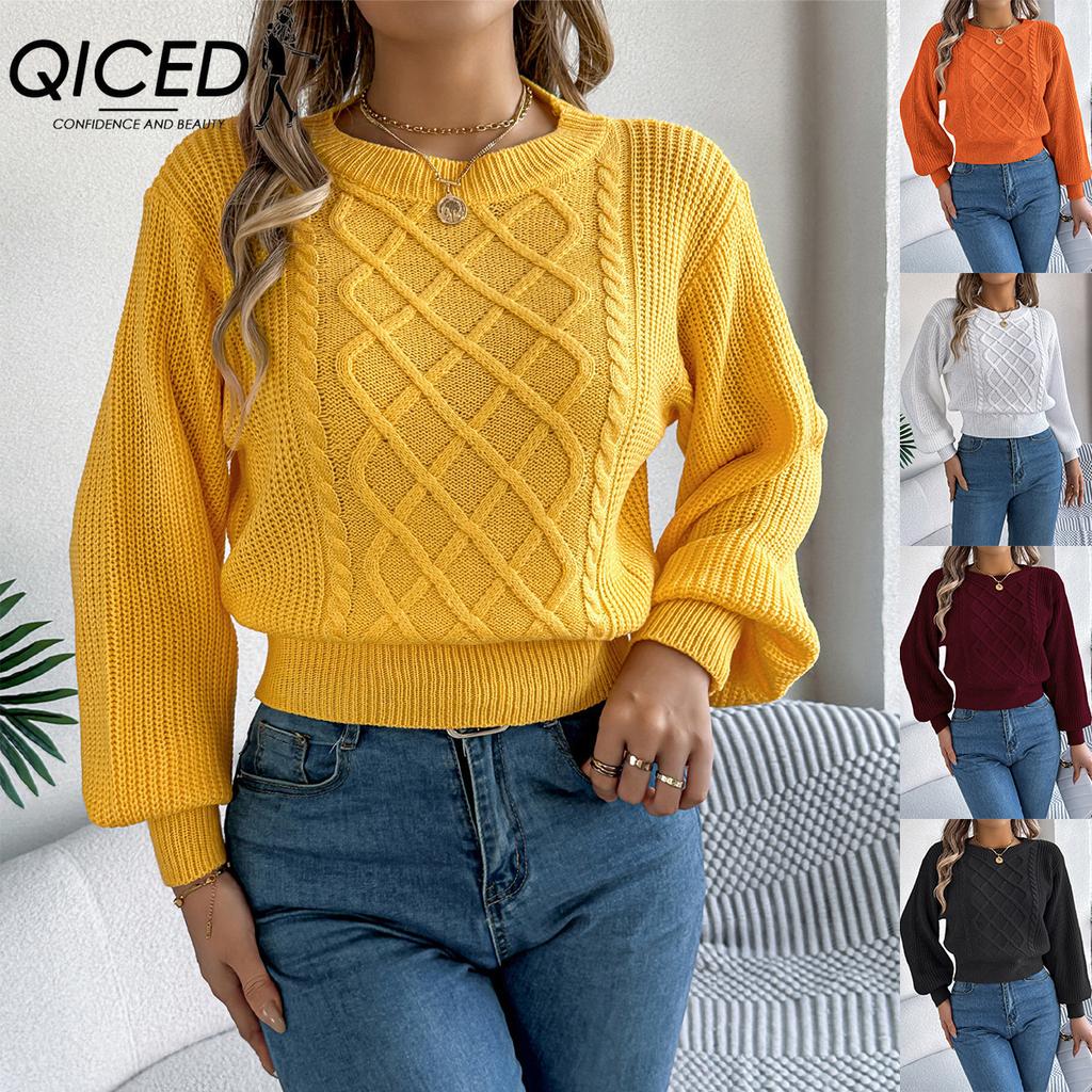 QICED Autumn and Winter Solid-color Twisted Lantern Long-sleeved Waist-cinching Pullover Sweater for Women