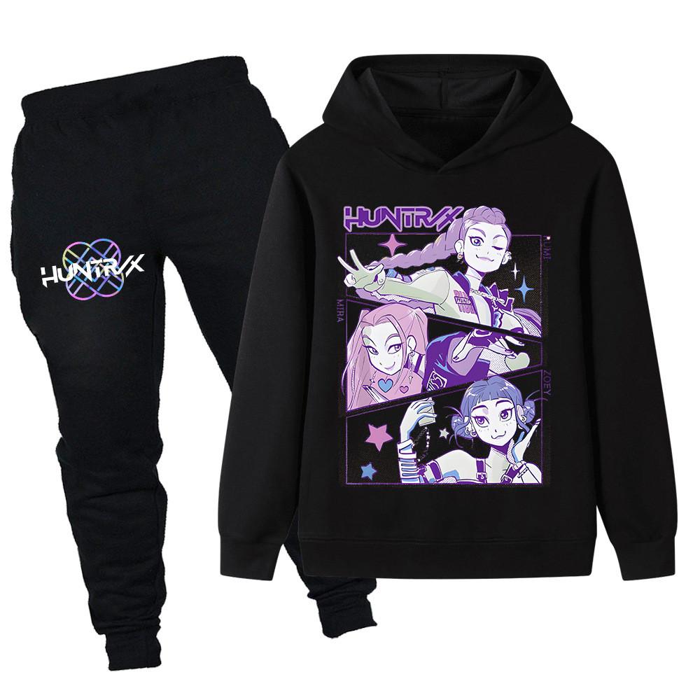 

PB1196 Детские для мальчиков для девочек Kpop Мира Зои Руми принт толстовка с длинными рукавами брюки комплекты одежды 100cm чёрный
