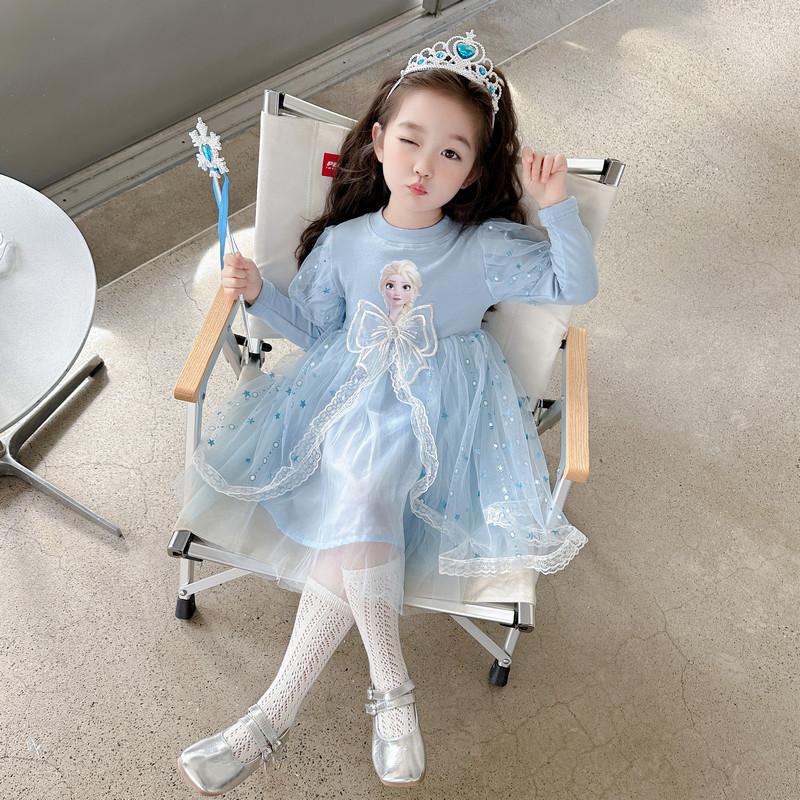 Mädchen Koreanischer Stil Langarm Elsa Prinzessinnenkleid Kinder Neu Herbst Elsa Kleid Baumwolle Netzrock