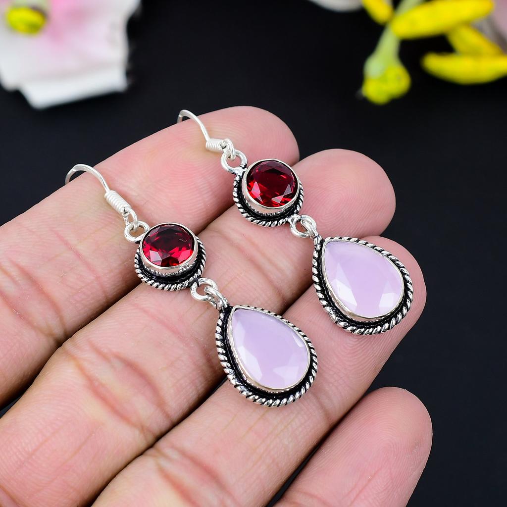 Pink Chalcedony, Garnet Gemstone Handmade 925 Sterling Silver Earring 2.56" KG-417