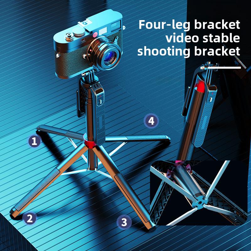 Stabilizzatore portatile P185: Quadripiede con fotocamera mobile in lega di alluminio e bastone per selfie Bluetooth con luce di riempimento