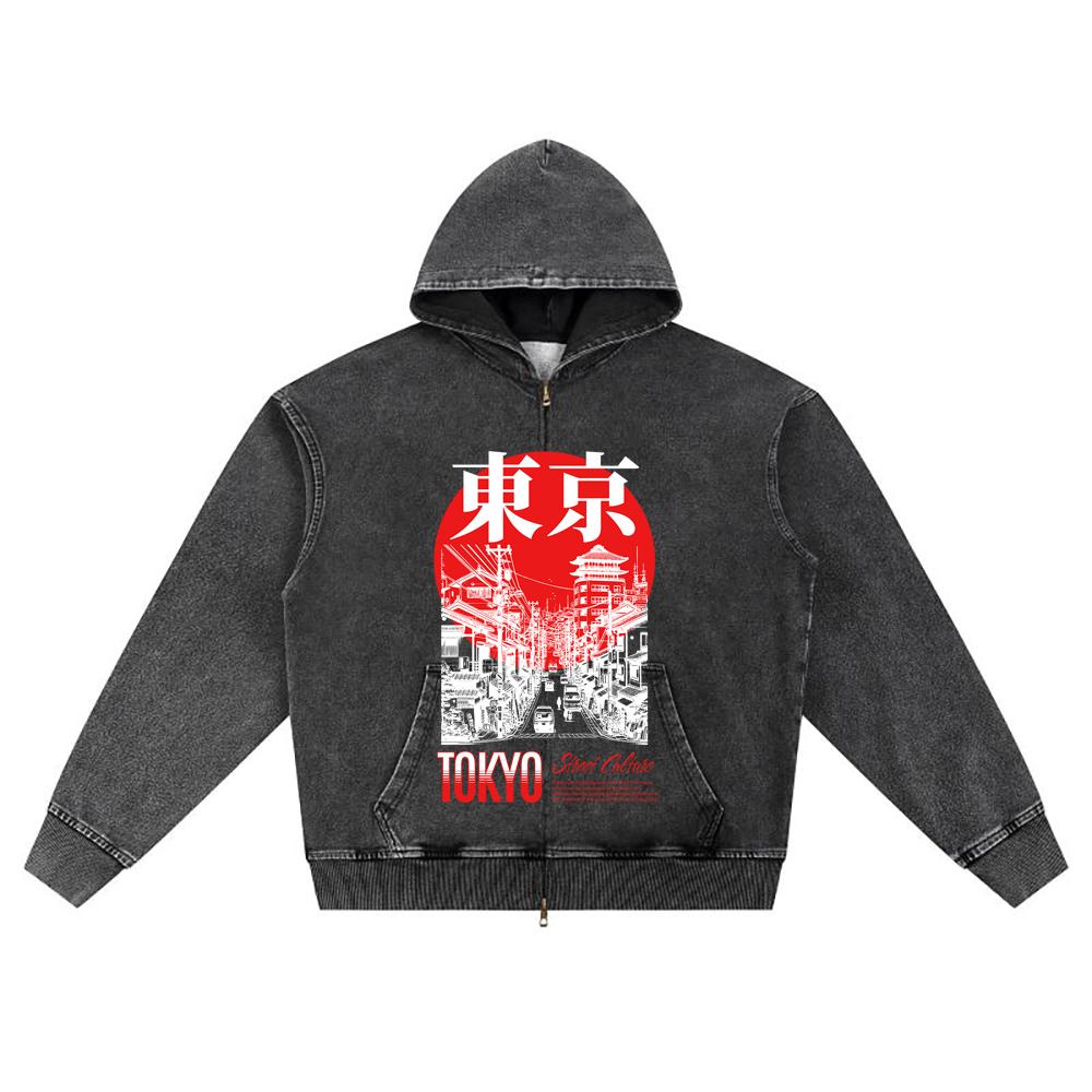 DTG Print Knitted Denim Zip-Up Hoodie Japan Samurai Brother Print Zipper Hoodies  