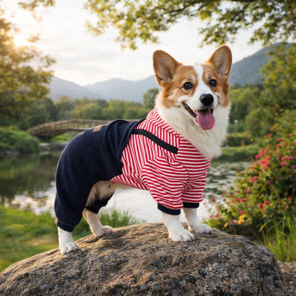 Dog Outfit Four Legged Pet Dog Jumpsuit Striped Warm Dog Pullover Hoodie Comfortable Windproof Pullover Coat Daily Walk