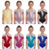 Girls Figure Skating Dance Leotard Short Sleeve Cutout Back Sheer Mesh Patchwork Shiny Rhinestones Metallic Bodysuit