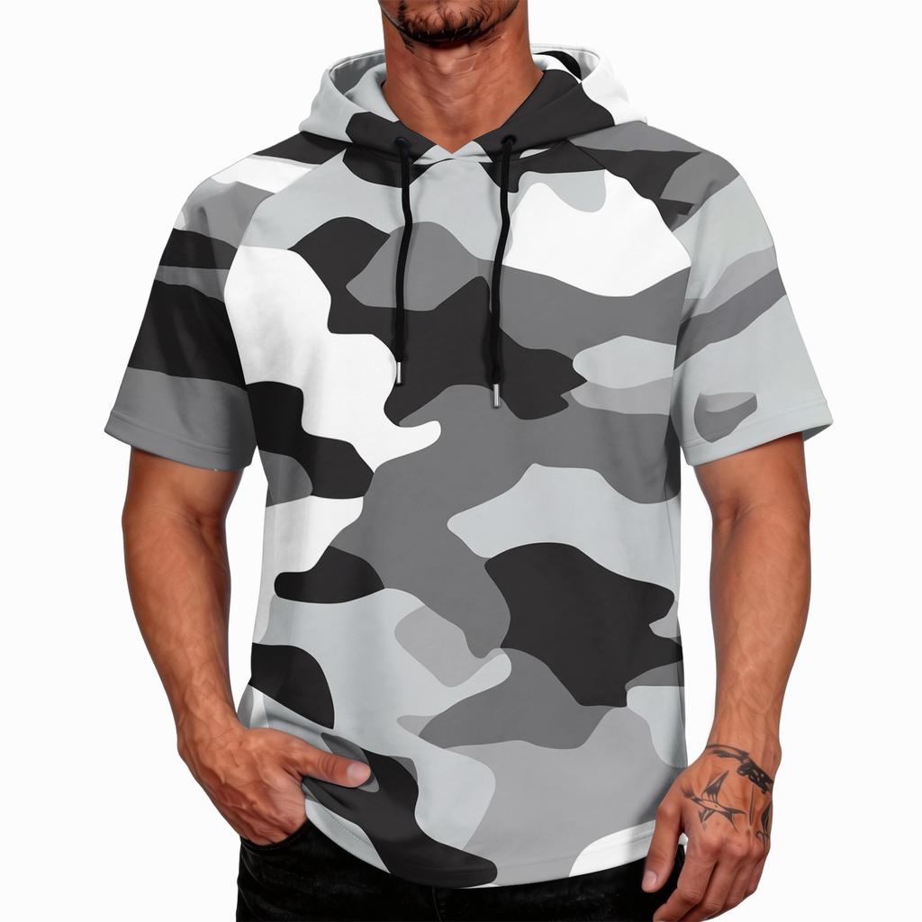 Men's Camouflage Print Raglan Sleeve Casual Sport Fishing Short Sleeve Hoodie Lightweight Breathable Outdoor Top