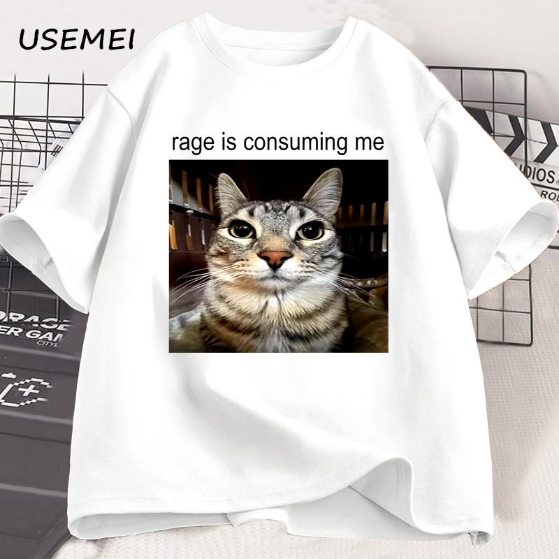 Rage Is Consuming Me Silly Staring Cat Meme Tee Shirt Casual Cotton Short Sleeve Tshirts Unisex Unisex Cat Lover T Shirt Oversized