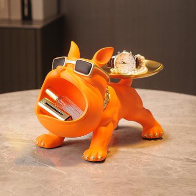 Decoração Escultura Estilo Escandinavo Cão Boca Grande Bulldog Francês Mordomo com Bandeja de Metal Estátua de Decoração de Mesa Espaço de Vida Cão Mordomo