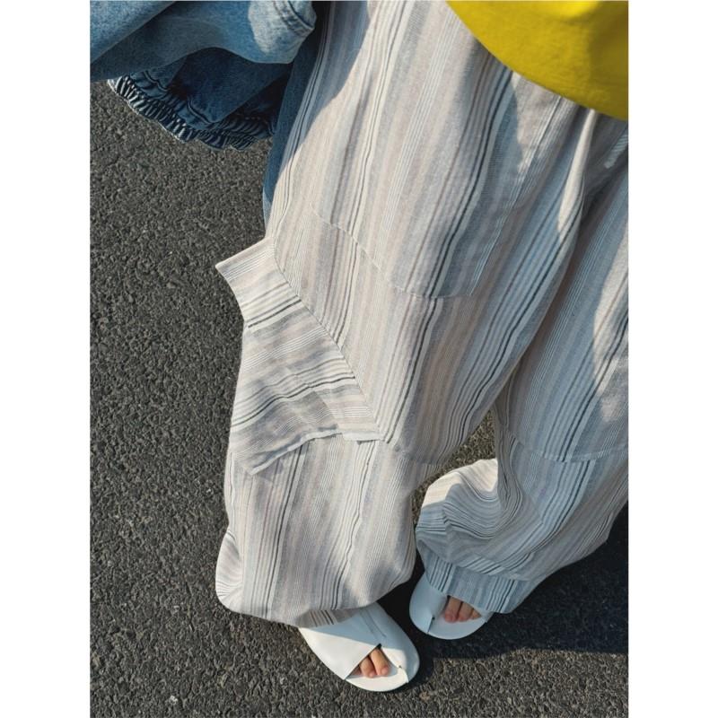 Johnature Summer Korean Lazy Retro Striped Women Pants Straight Drape Casual Full Length Pants