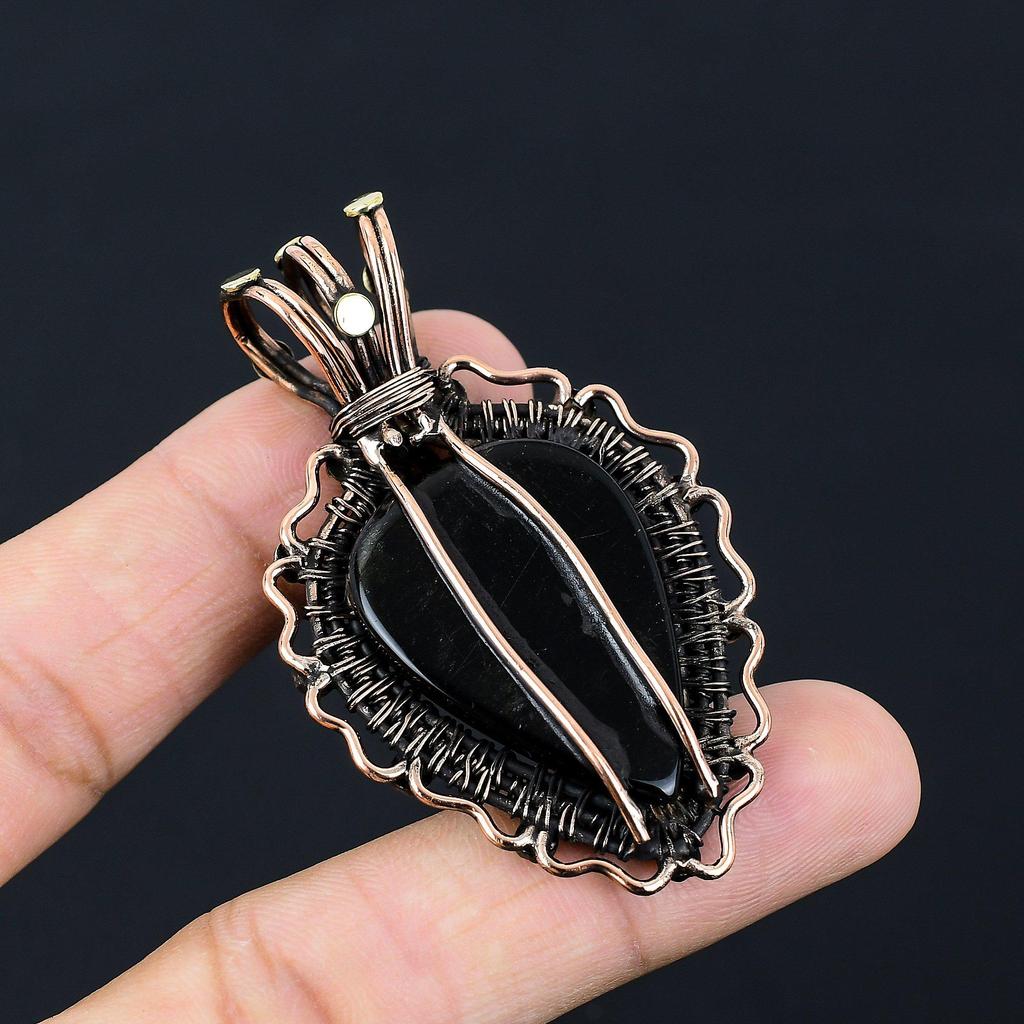 Black Onyx Gemstone Handmade Jewelry Pure Copper Wire Wrapped Pendant