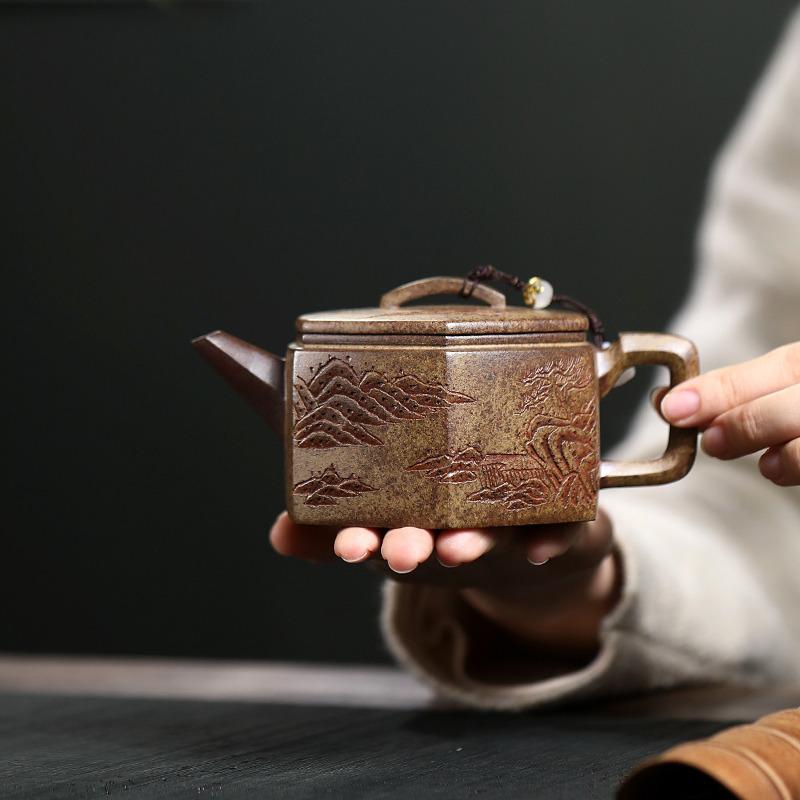 260ml Yixing Purple Clay Teapot Handmade Hexagonal Large Caliber Pot Raw Ore Agilawood Mud Kettle With Infuser Zisha Teaset Gift
