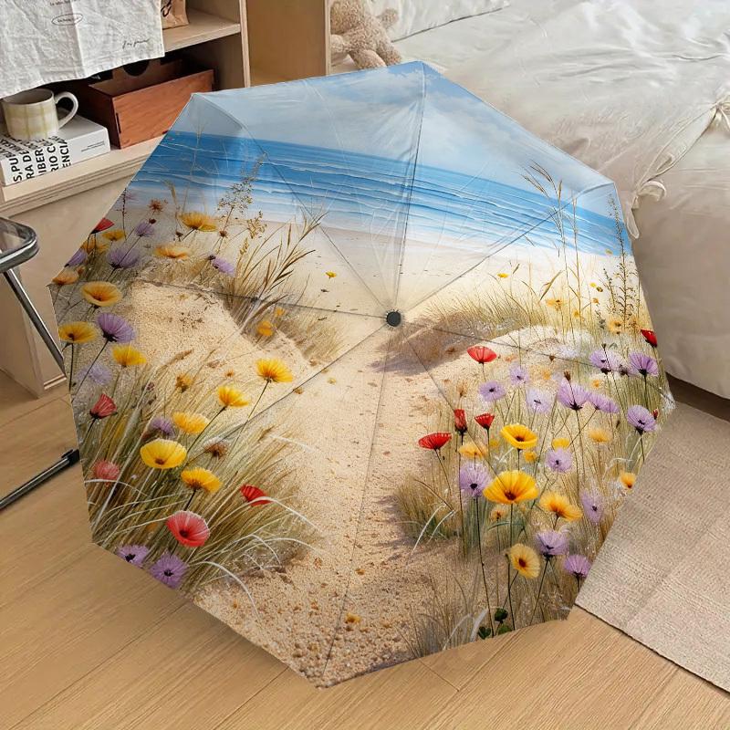 

1pc beach flowers Automatic Folding Umbrella, Heavy Duty 8 Rib Iron Frame, Suitable for Travel, Daily Use, Birthday, Decor Gift m0105109