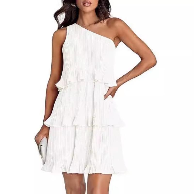 Women's Sleeveless Dress with Slant Shoulder Layered Stitching Hem