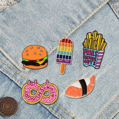 Cartoon Fast Food Brooch Sushi Ice Cream Donut Hamburger Fries  Enamel Pin Denim Shirt Collar Label Pins Badge Kids Jewelry Gift