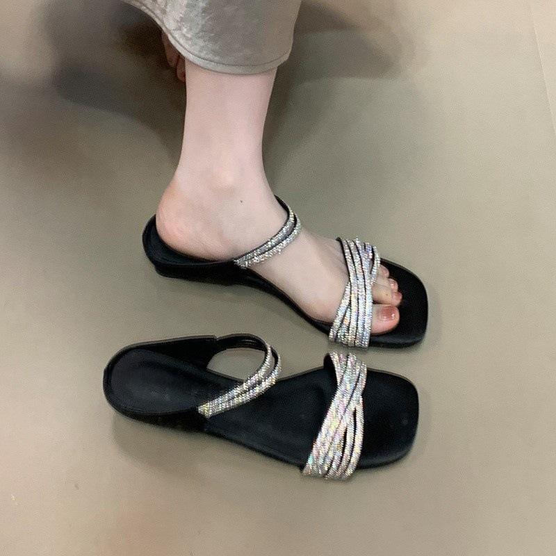 Celebrity Rhinestone with Open-toed Sandals Women's Fashion Temperament One-word Drag Sexy Beautiful Cool Slippers