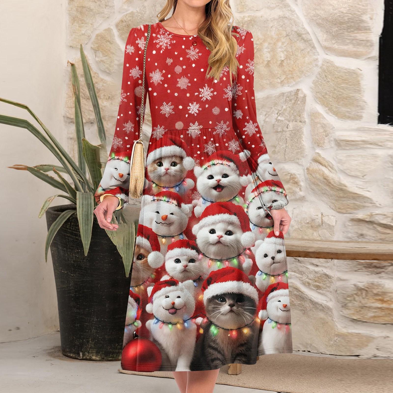 

Женское модное свободное платье с круглым вырезом и рождественским принтом XXL киноварь