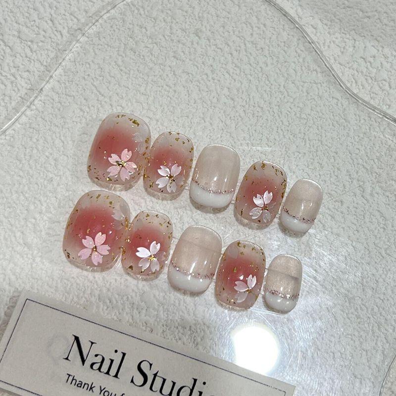 

Nail Stickers Sweet Cherry Blossom Girl Transparent Pink Blush Blooming Cherry Blossom Manicure Wearable Nail Tip Nail Patch 19266 XS
