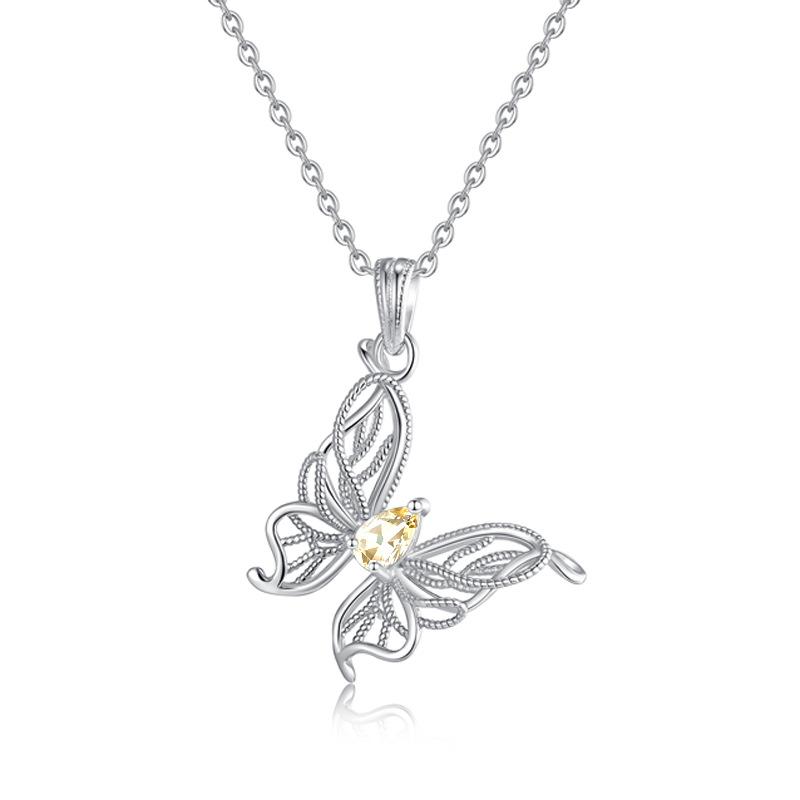 Natürlicher Kristallstein Schmetterling Anhänger S925 Sterling Silber Nicht verblassende Halskette Premium Granat Topas Schlüsselbein Kette