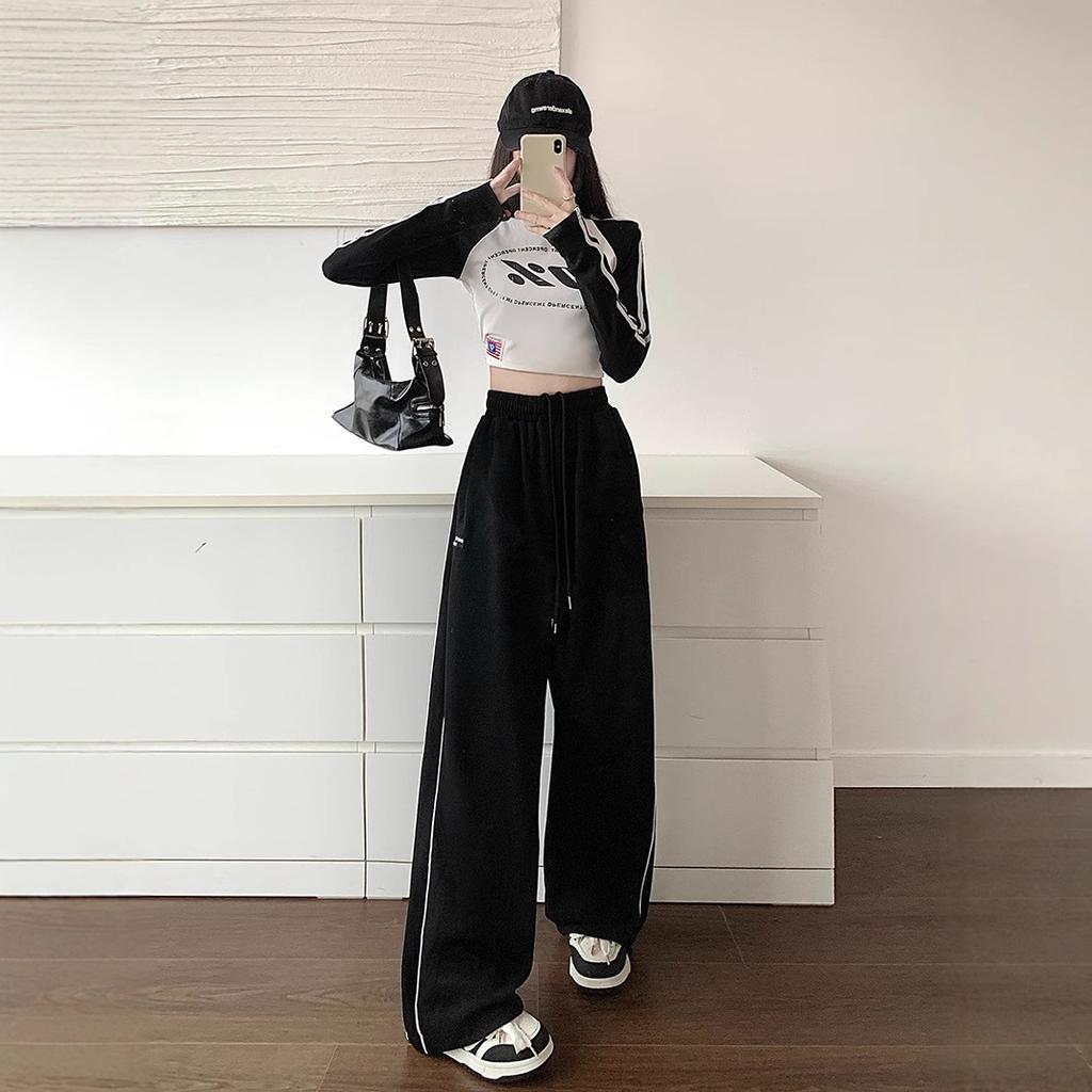Navy Blue Striped Sweatpants for Women's Design Niche Casual Pants Loose Spring and Autumn New Straight-leg Sweatpants