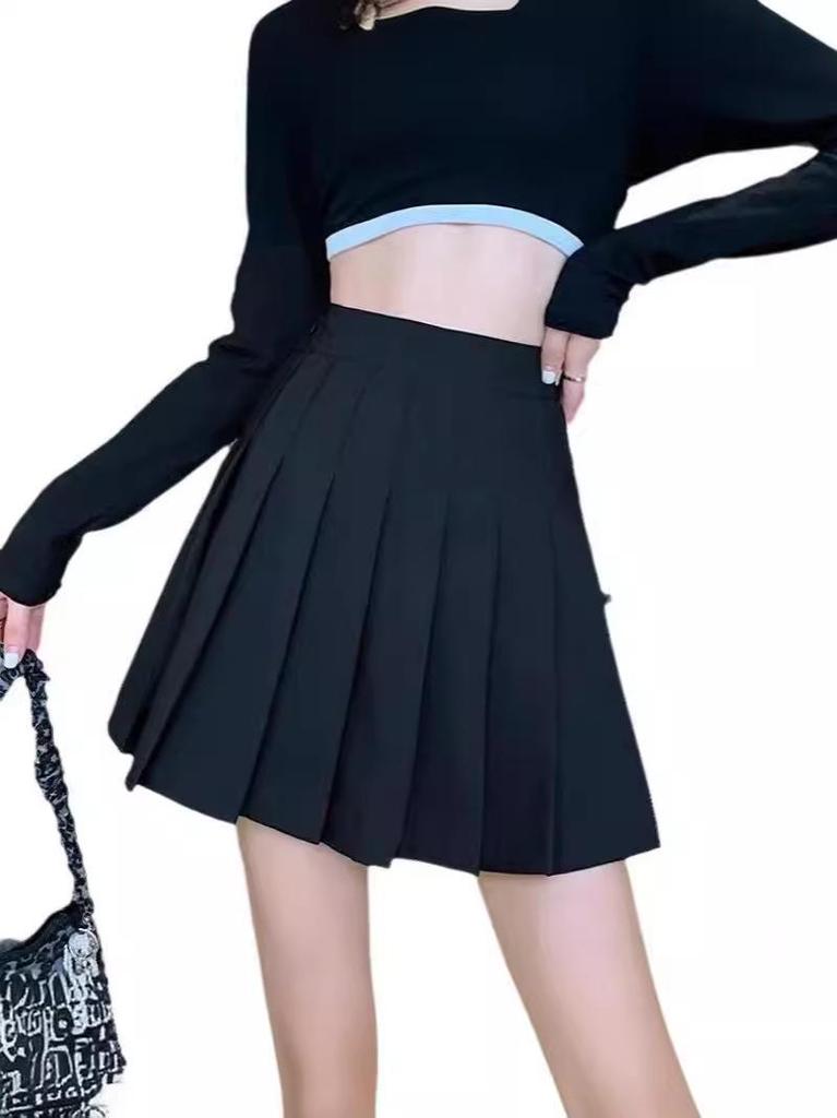 Women's High Waist Pleated A-line Mini Skirt - Black & White, Slimming, Anti-exposure, Perfect for Autumn