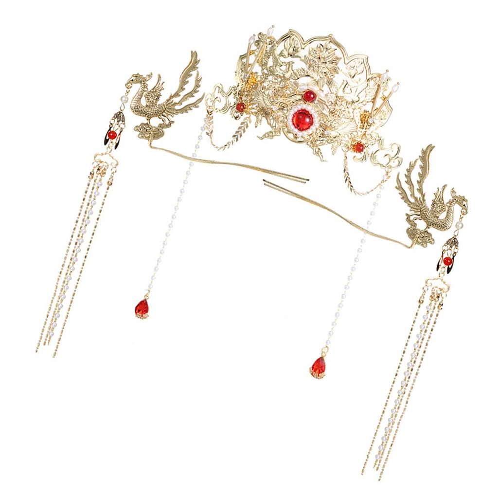 Elegant Chinese Red Bridal Phoenix Crown Headpiece with Unique Tassel Design for Weddings and Special Occasions
