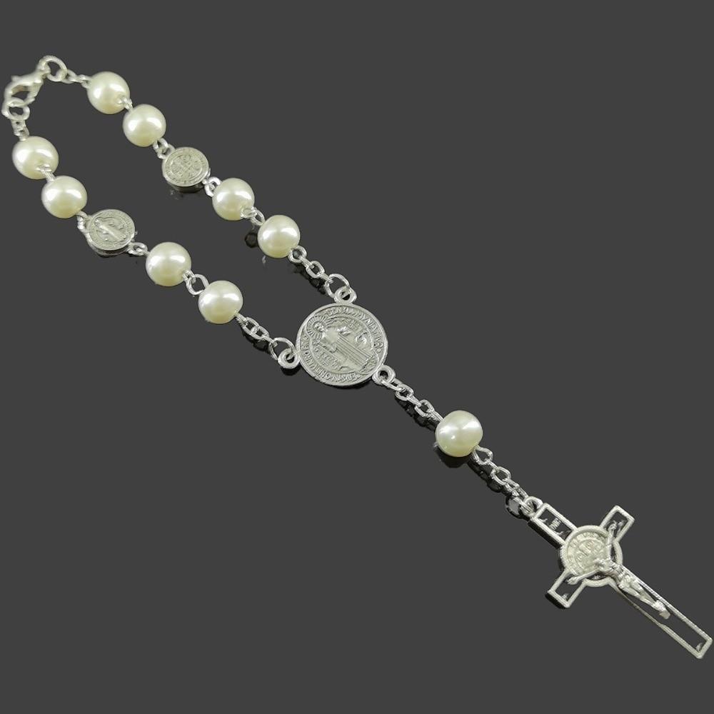 Imitation Pearl Religious Jewelry Set Sweater Chain Long Cross Pendant Necklace Devotional Vintage Style Christian Bracelet