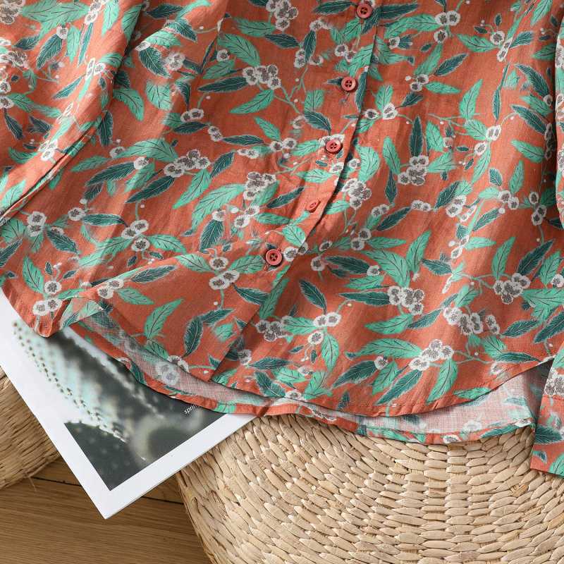 Camisa de Estilo Floral Minimalista Artístico con Mangas Largas de Algodón Lino, Top Suelto Versátil Elegante para Mujeres en Primavera Otoño Camisa