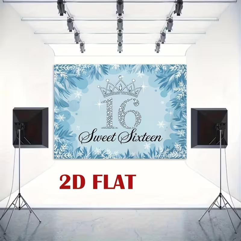 2D Flat Blue Snowflake & Number 16 Photography Background Cloth