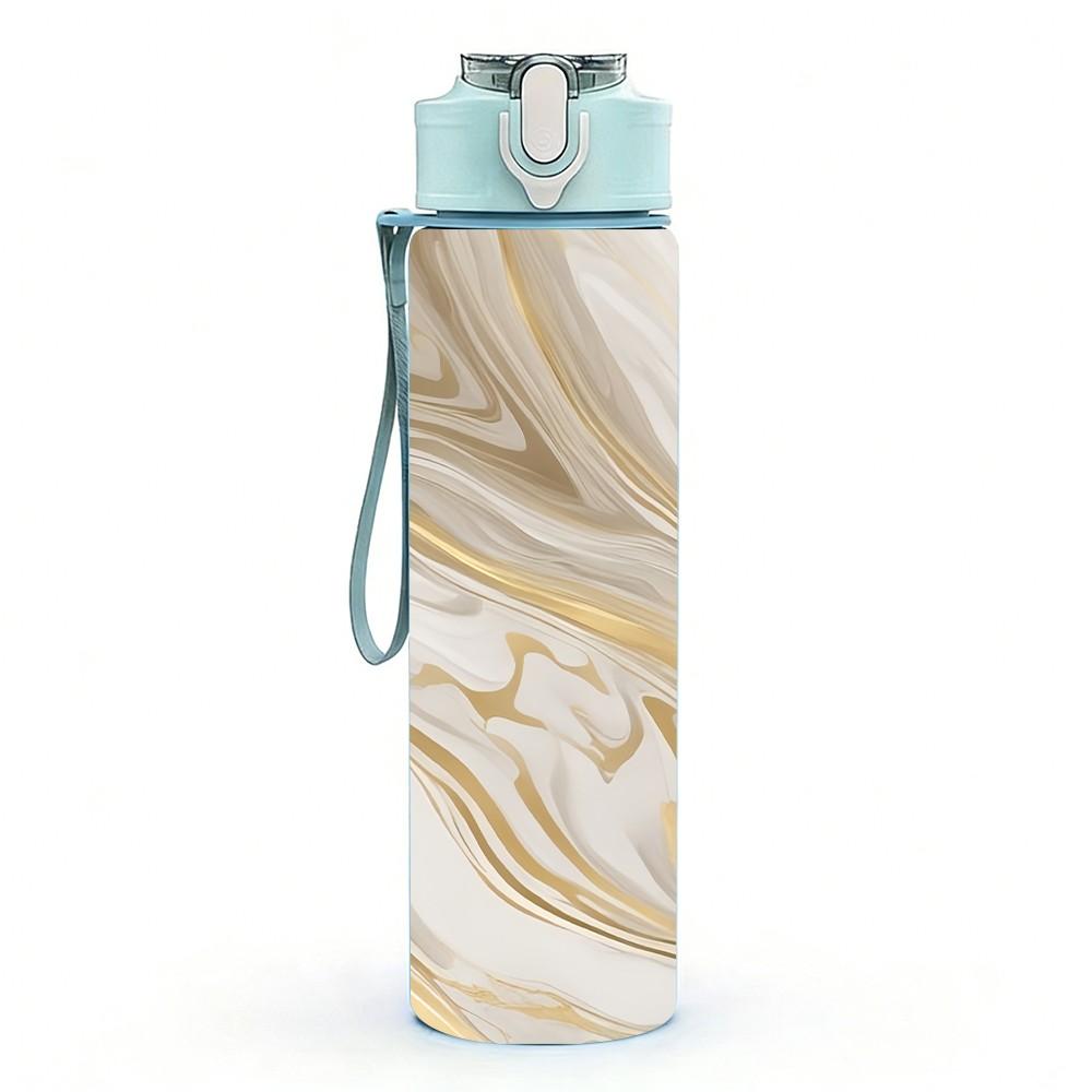 1PC Cream Gold Swirl Marble Pattern 750ml Color Plastic Sports Water Bottle Leakproof Flip Straw Lid Suitable for Sports Office Home Use
