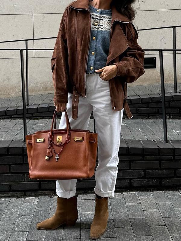 Women's Retro Y2K Style Brown Short Loose Jacket - European & American Spring/Autumn Fashion