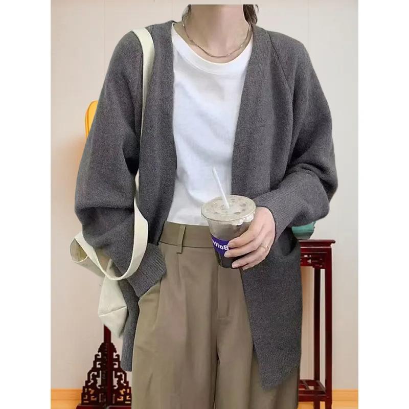 

Осенне-зимний ретро свитер-жакет с длинным рукавом женский свободного ленивого стиля однотонный вязаный кардиган с V-образным вырезом серый