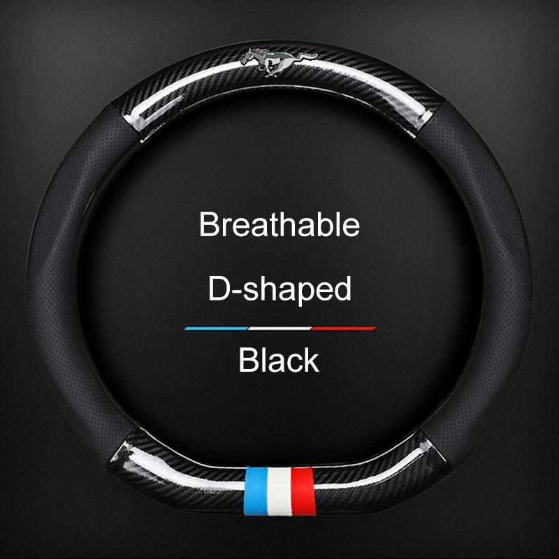 1Pcs Leather Carbon Fiber Car Steering Wheel Cover Emblem For Ford Mustang SHELBY GT 500 350 Convertible V Mach e Rainproof 2015 2017 2018 2021 2022