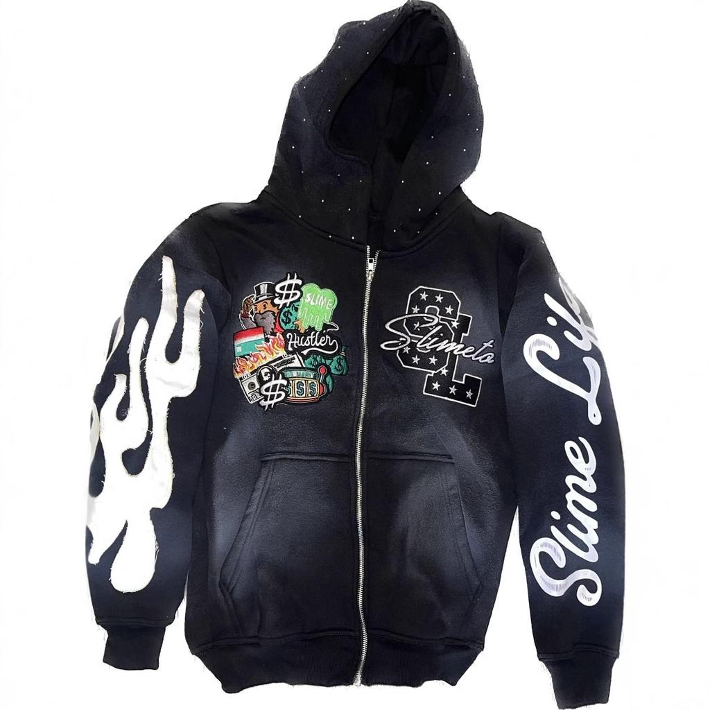 2025 New Cross-border Trendy Brand Goth Hooded Cardigan Sweater Jacket Embroidery Street Trend Printing Men and Women
