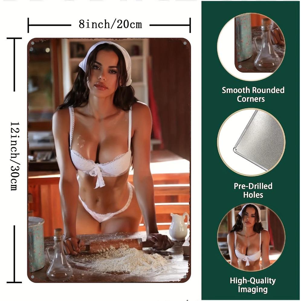 Vintage Bikini Metal Wall Art with Roller - Durable Weatherproof Home Cafe Bar Decor  Easy Hanging Kitchen Wall Decorat