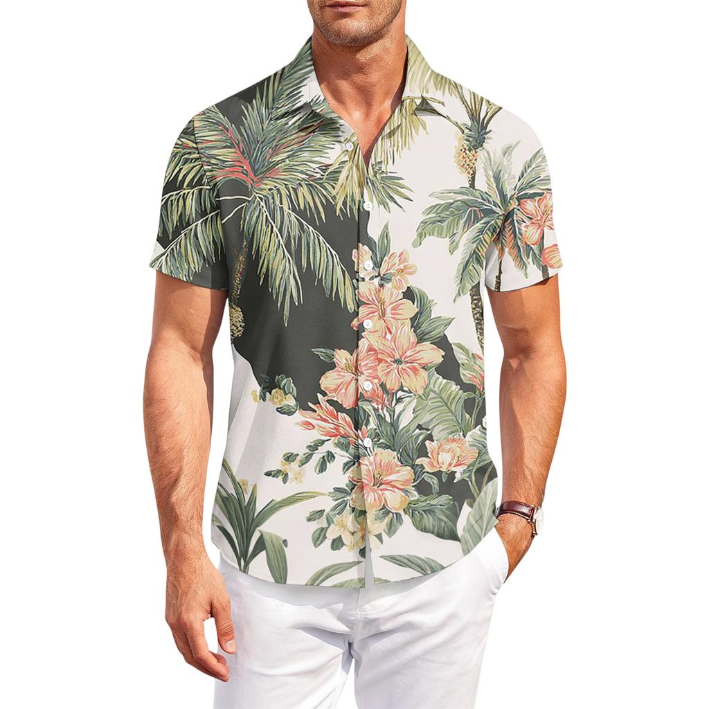 Men's Casual, Loose-Fit Short-Sleeve Shirt With Hawaiian Print