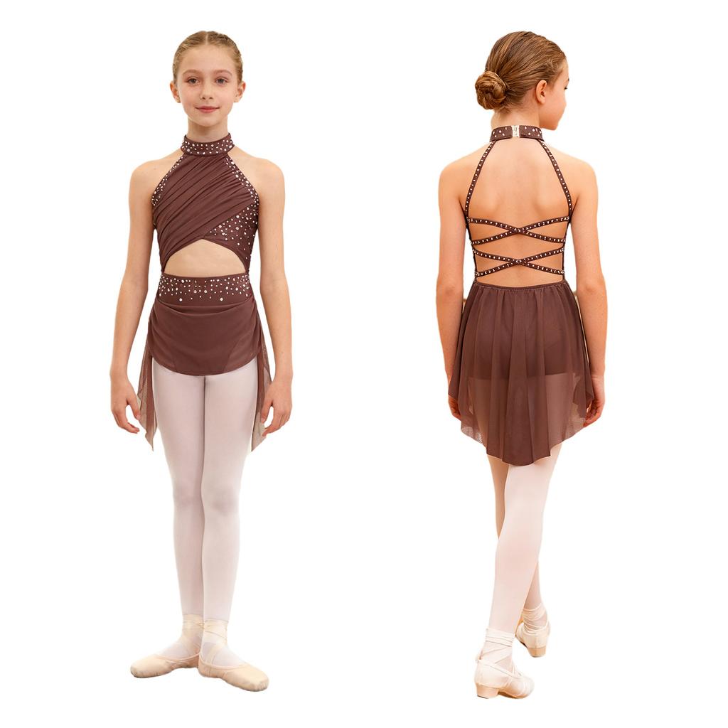Kids Girls Modern Lyrical Dance Dress Ballet Figure Skating Gymnastics Leotard Bodysuit Costume Strappy Back Latin Jazz Dress