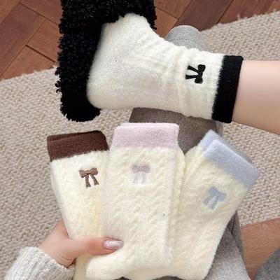 Dicke australische Fleecesocken für Damen für Herbst und Winter, Winterwärme, Farbblock-Frotteesocken, Stickerei mit Schleife, Fleec-Hausschuhe